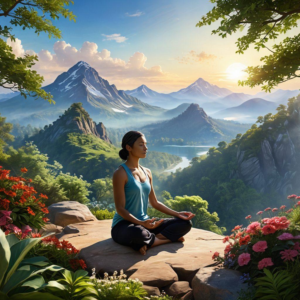 A serene landscape depicting a survivor meditating on a sunlit mountain top, surrounded by lush greenery and blooming flowers, symbolizing wellness. Include elements like herbal plants and sunlight filtering through the trees to represent holistic remedies. The scene should evoke tranquility, resilience, and a connection to nature. super-realistic. vibrant colors. tranquil atmosphere.