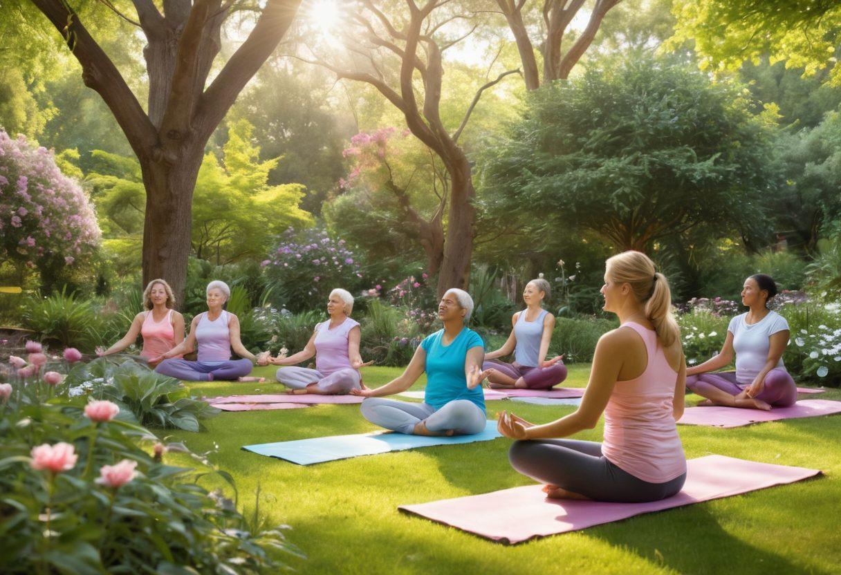 A serene scene depicting a diverse group of cancer survivors in a lush garden, each engaging in different wellness activities like yoga, meditation, and gardening. In the background, supportive family members and advocates cheer, fostering a sense of community and resilience. Gentle sunlight filters through vibrant trees, symbolizing hope and healing. The overall atmosphere is uplifting and empowering. soft pastel colors. super-realistic. natural light.