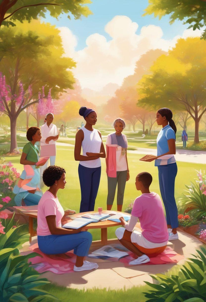 A vibrant scene depicting a diverse group of individuals coming together in a supportive community setting, surrounded by symbols of wellness like healthy plants and wellness books. The characters should exhibit expressions of hope and encouragement, with a backdrop of a sunny park. Incorporate elements signifying cancer awareness, such as ribbons and informative posters, blending seamlessly with nature. The color palette should be warm and inviting, creating an uplifting atmosphere. super-realistic. vibrant colors. outdoor setting.
